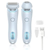 A white 2-in-1 electric shaver for facial and body hair removal shown with a charging cable and a shaving head.
