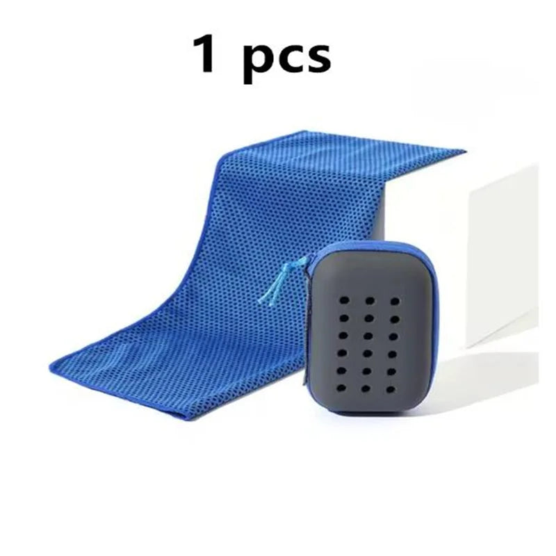A blue ultra soft quick-dry sport towel is shown next to a black silicone storage pouch.