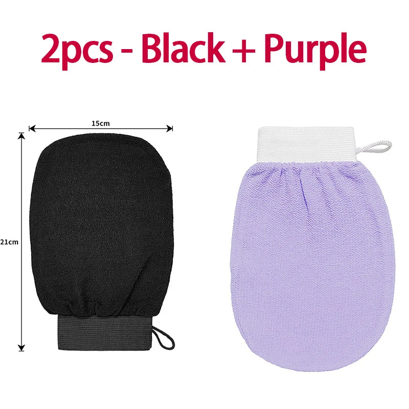 Two exfoliating body scrubbing gloves, one black and one purple, shown side by side.