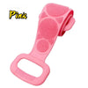 A pink extended silicone body scrubber and massager tool.