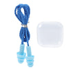 Un ensemble de bouchons d'oreille en silicone bleus avec un cordon tressé et une boîte de rangement transparente.