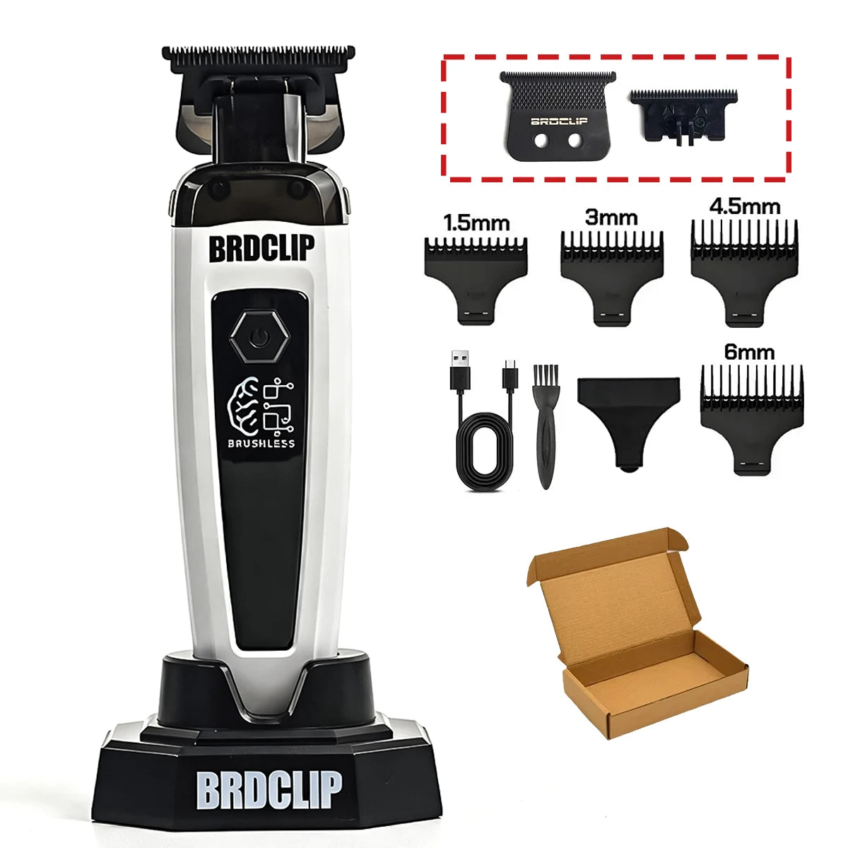 A professional rotary hair trimmer kit featuring a brushless motor and various guard attachments for different lengths.