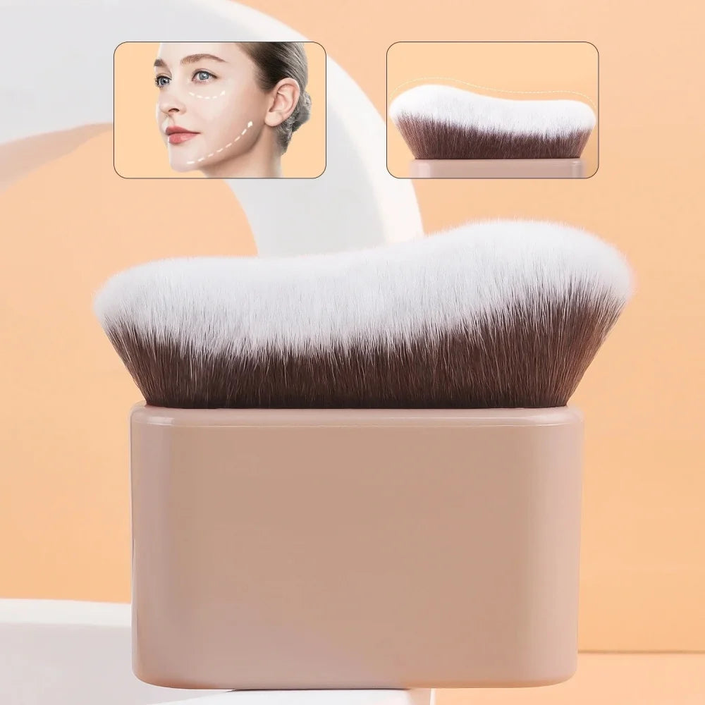 A close-up of a pro-grade contour foundation brush with angled wavy bristles shown next to a cosmetic product.