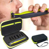 A hand holds a black and neon yellow hard-shell travel case for an electric shaver, showing the open interior and a separate 