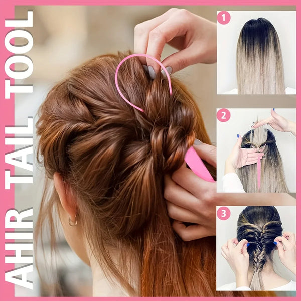 A tutorial showing how to create a hair braid using a pink comb on brown hair.