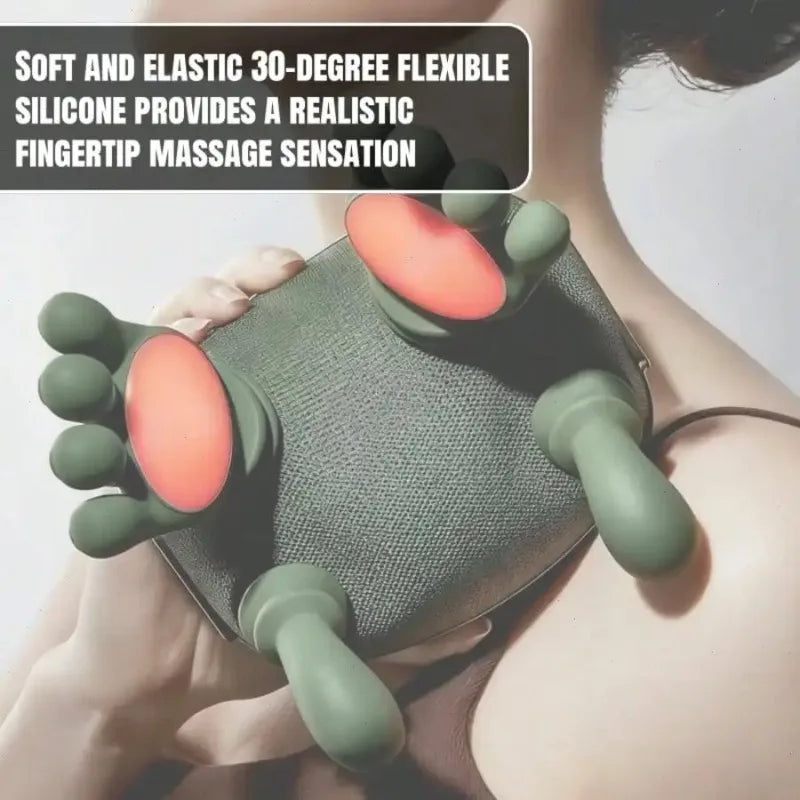 A hand is holding a silicone fingertip massager tool, showing its soft, elastic texture and pink color.