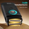 A black electric shaver with floating blades is shown resting on a surface.
