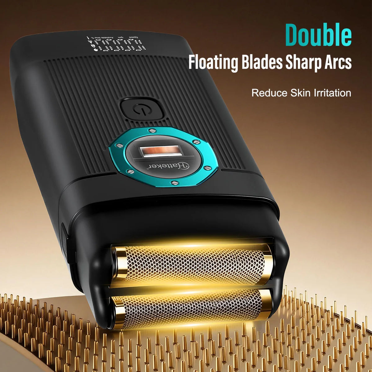 A black electric shaver with floating blades is shown resting on a surface.