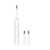 A white sonic electric toothbrush with a blue head and multiple brush heads shown in various orientations.