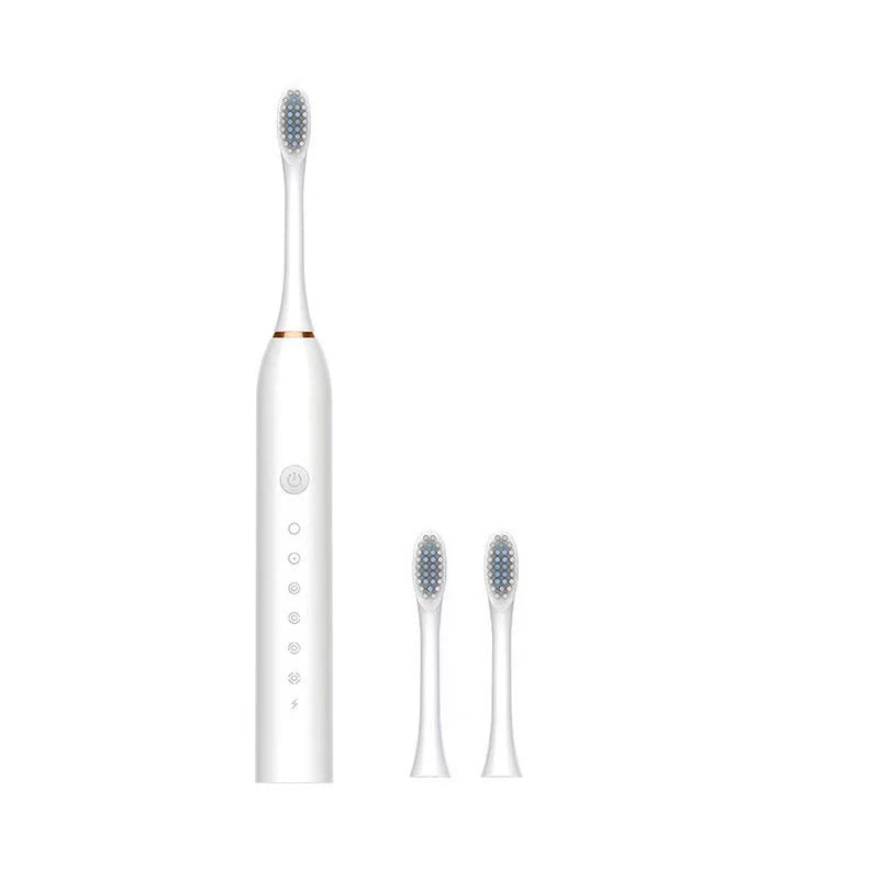 A white sonic electric toothbrush with a blue head and multiple brush heads shown in various orientations.