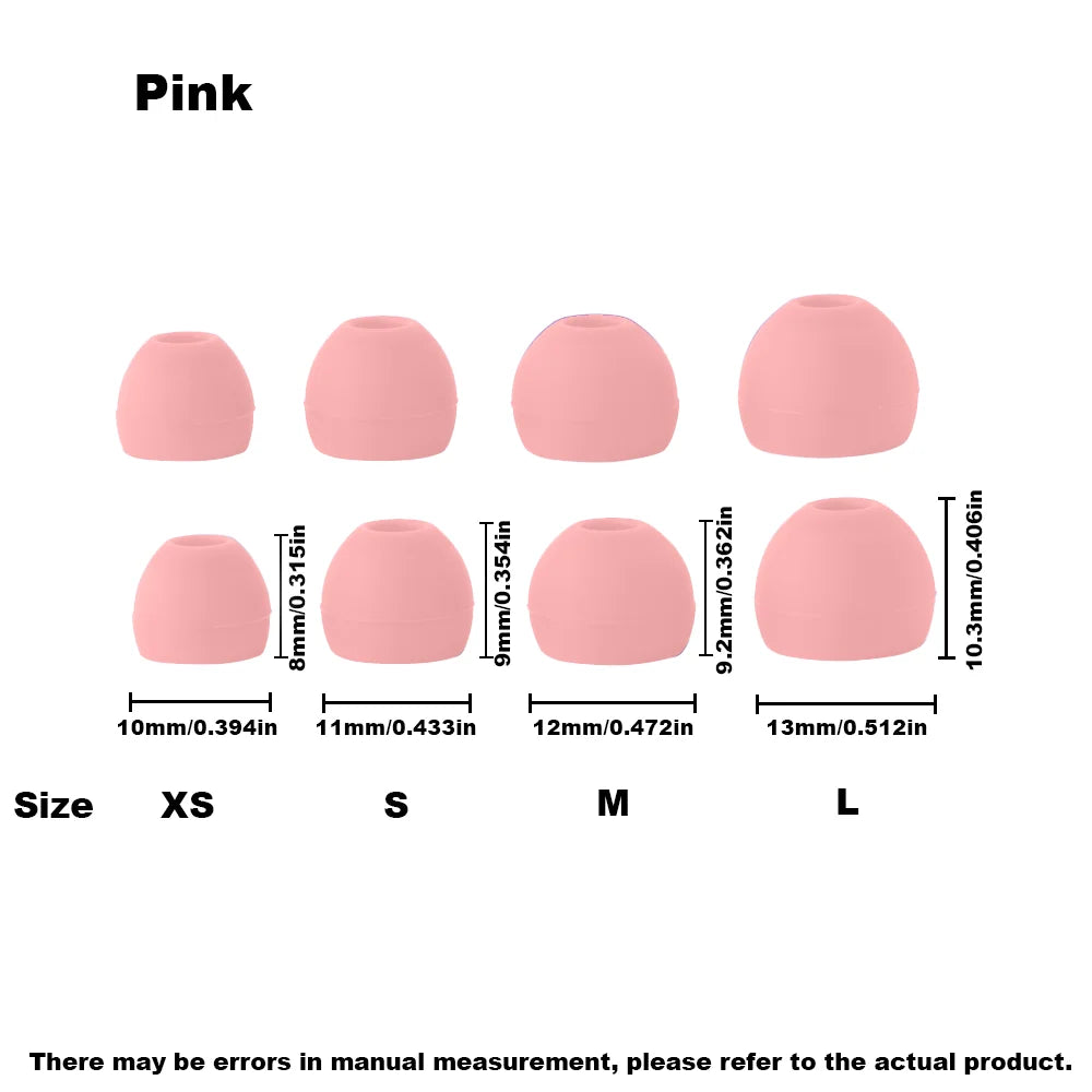 Pink silicone earplugs in various sizes XS to L shown side by side