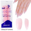A package of soft gel tips for nails showing various pink nail shapes and a hand displaying the finished manicure.