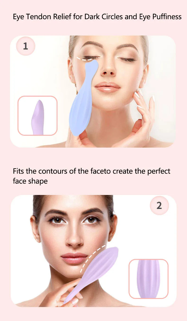 A silicone gua sha roller in light purple color is shown being used for facial massage and contouring.
