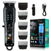 Black professional cordless hair clipper and beard trimmer with various attachments shown on a box.