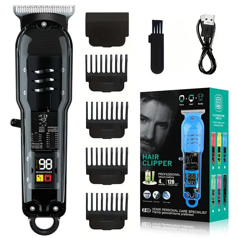 Black professional cordless hair clipper and beard trimmer with various attachments shown on a box.