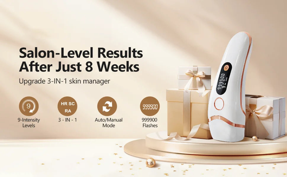 A white IPL laser hair removal epilator device displayed on a wooden surface with gift boxes.