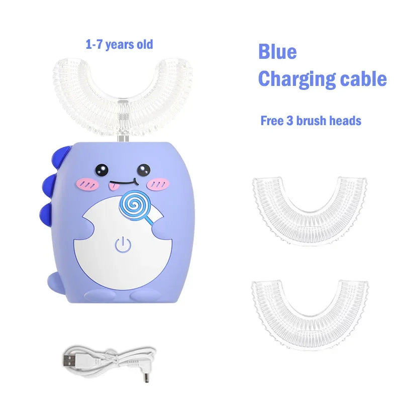 Blue charging cable and three brush heads for a kids sonic electric toothbrush.