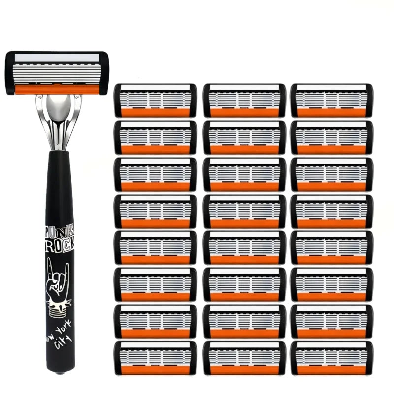 Rasoir manuel noir avec plusieurs têtes de rasage orange.