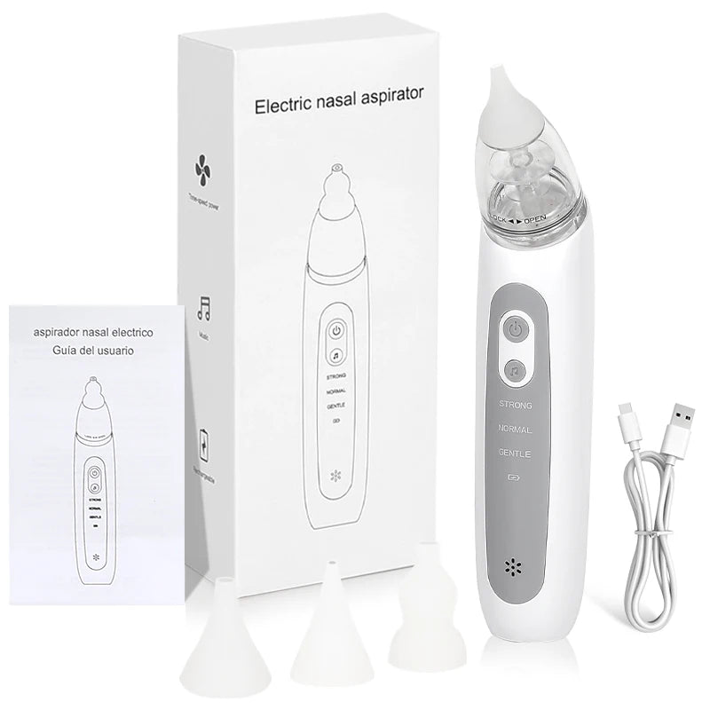 A white electric nasal aspirator device shown in its box and with replacement tips.