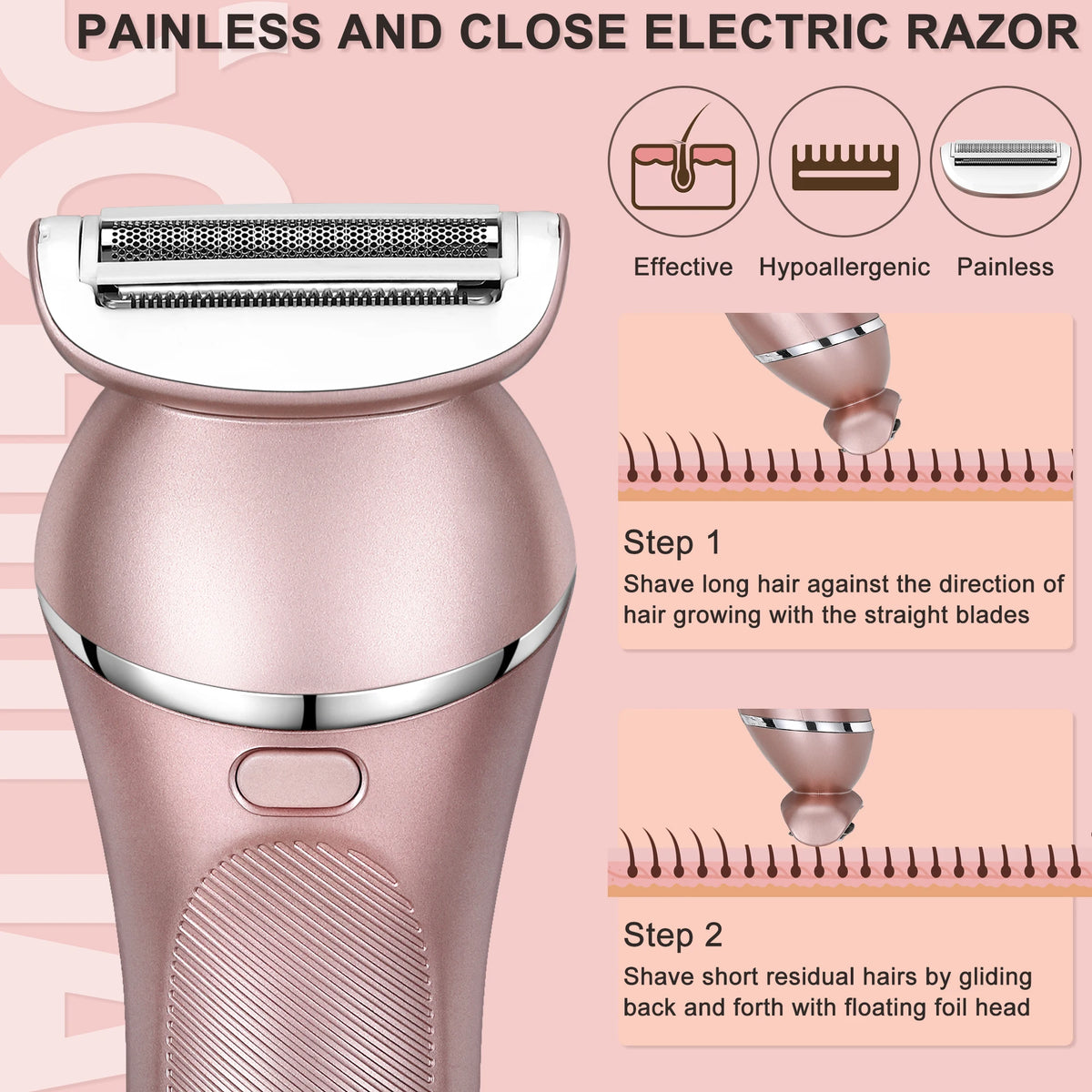 A pink electric razor with a foil head is shown alongside diagrams illustrating its use for shaving hair.