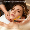 Hands apply a curved ergonomic facial brush to a woman's face for precision drainage treatment.
