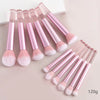Un juego de doce brochas de maquillaje rosas con pelo sintético esponjoso, dispuestas en diagonal sobre un fondo claro.