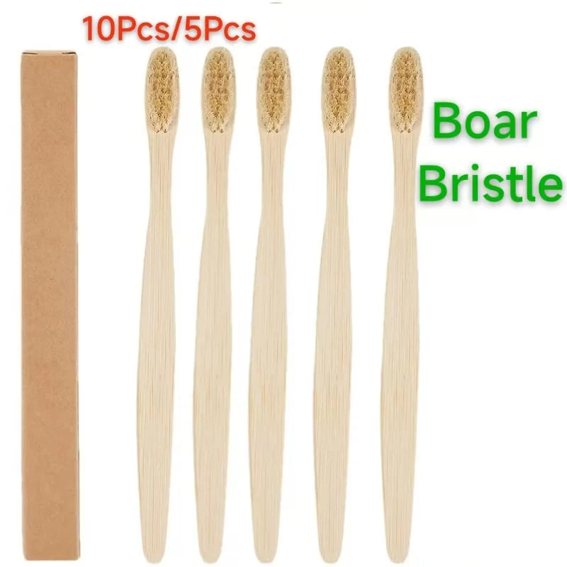 A set of ten bamboo toothbrushes with natural bristles shown standing upright.