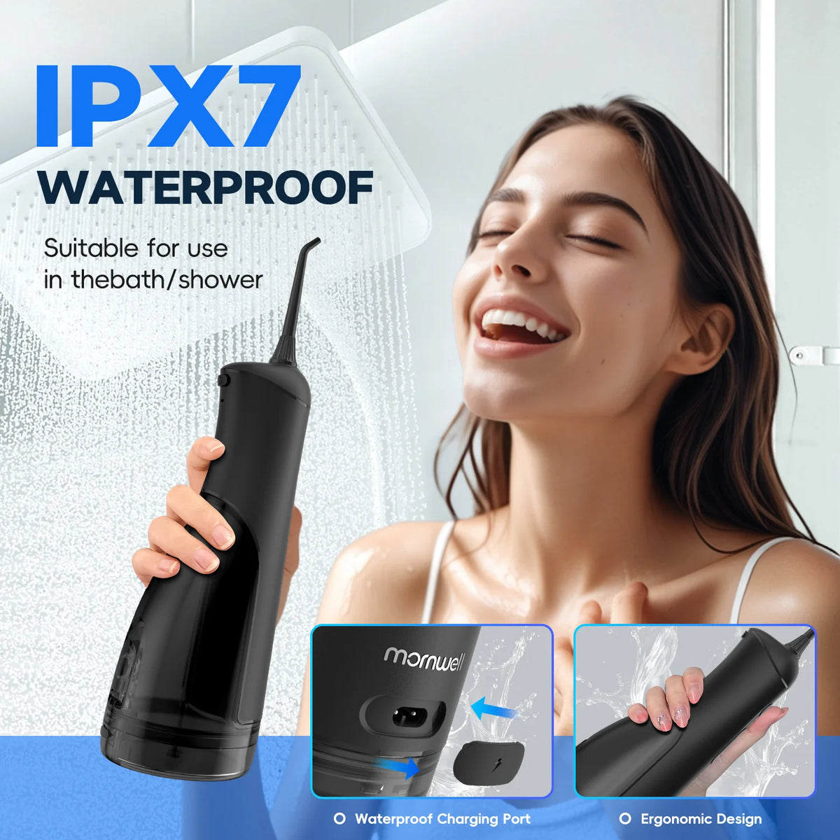 A woman is using a black electric oral irrigator for cleaning, highlighting its waterproof charging port and ergonomic design