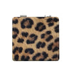 A brown and black leopard print portable makeup mirror with a metal hinge.