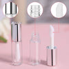 A set of refillable clear lip gloss tubes and mini empty containers for DIY cosmetics displayed with close-up views.