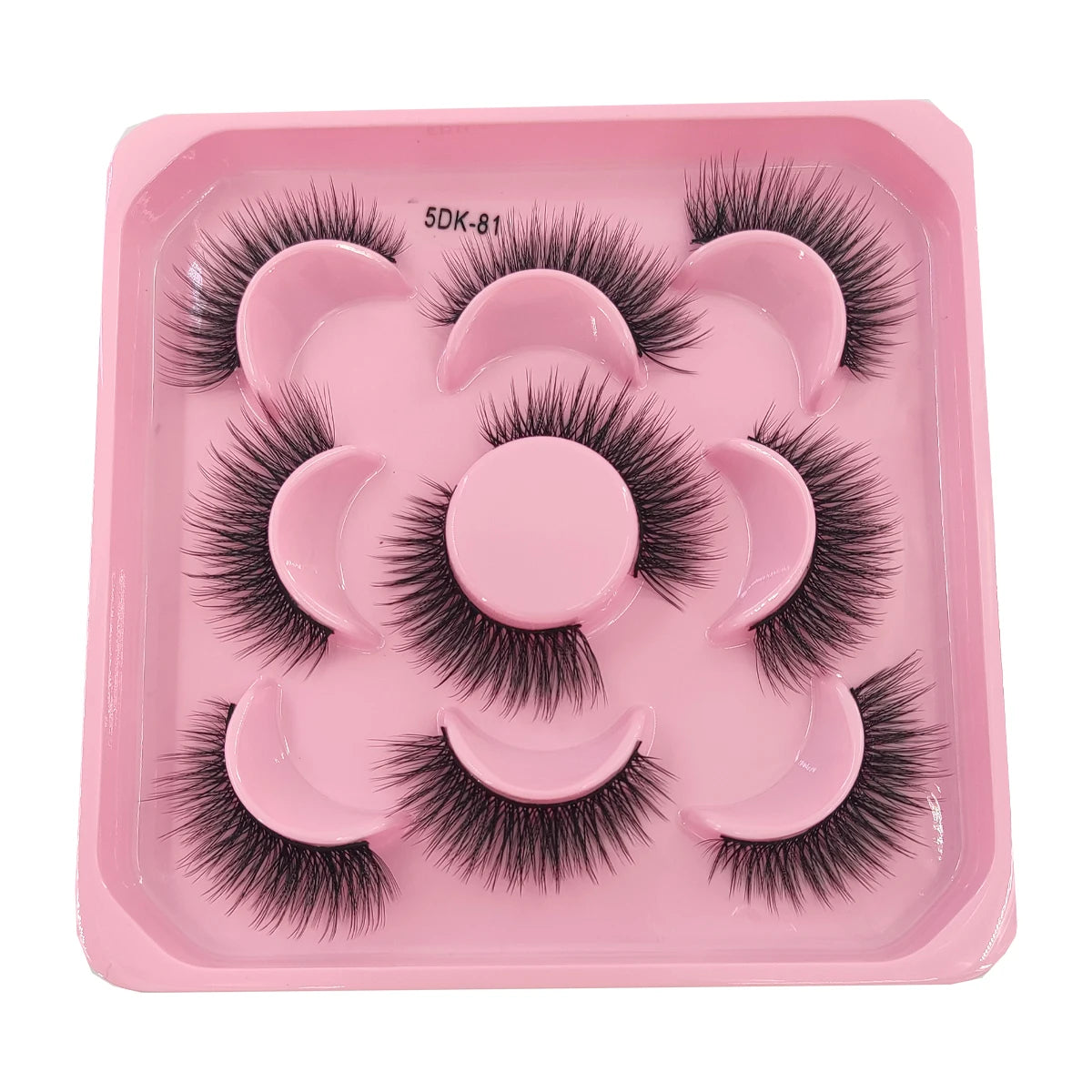 A pink plastic tray containing a set of artificial mink eyelashes labeled 5DK-81
