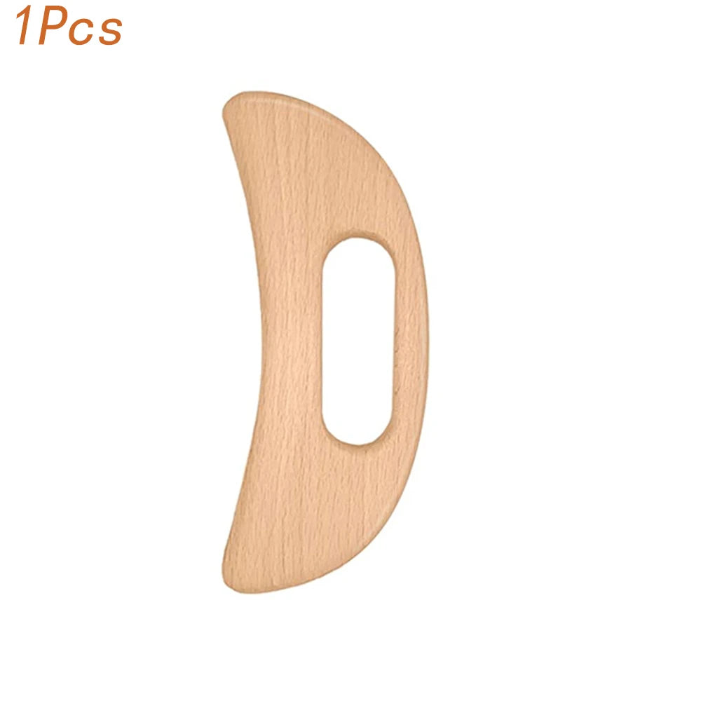 A natural wood Gua Sha roller shaped like the letter D for facial massage and detox.