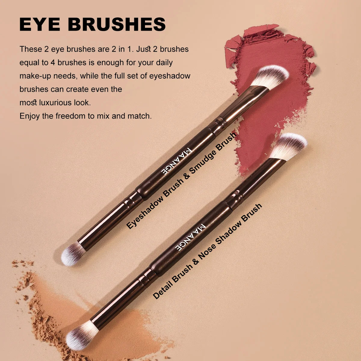 A set of three makeup brushes including an eyeshadow brush, detail brush, and nose shadow brush displayed on a pink backgroun