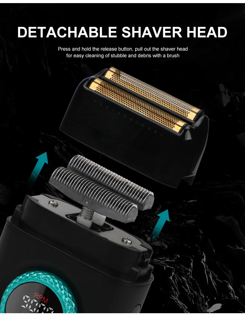 Close-up of a detachable shaver head and shaving foil mechanism on a black grooming device.