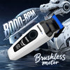 A white cordless electric hair clipper with a blue accent, featuring an 8000-RPM brushless motor, set against a dark backgrou