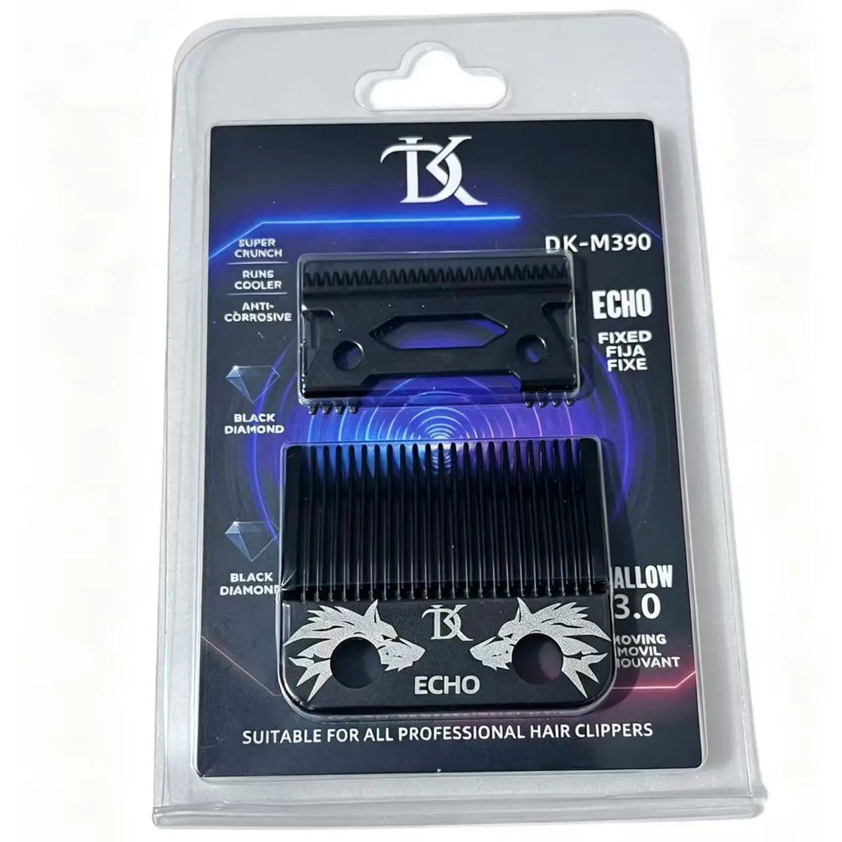 A package containing an ECHO fixed blade for professional hair clippers, featuring a black diamond blade.