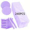 A box of 240 compressed purple facial sponges for cleansing and makeup removal