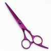 A pair of professional stainless steel hairdressing scissors with a purple handle and silver blades.