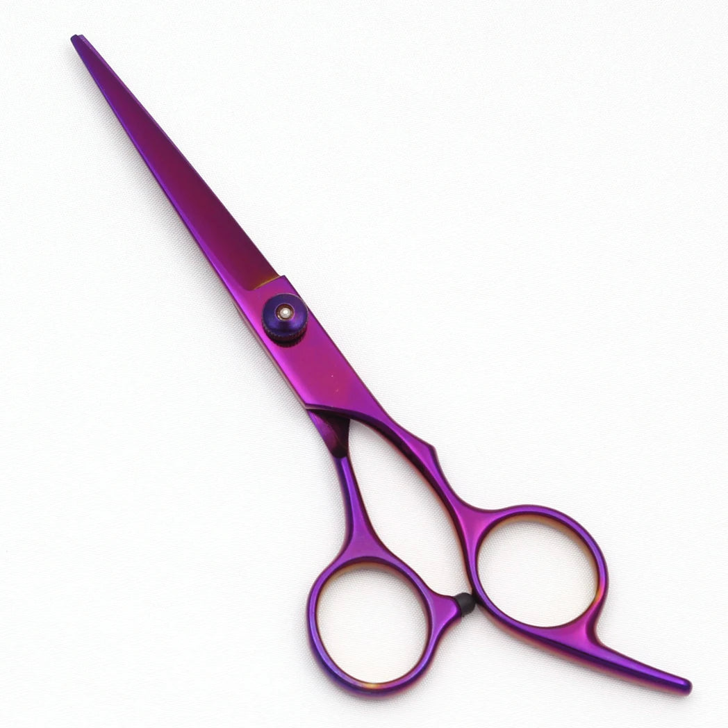 A pair of professional stainless steel hairdressing scissors with a purple handle and silver blades.