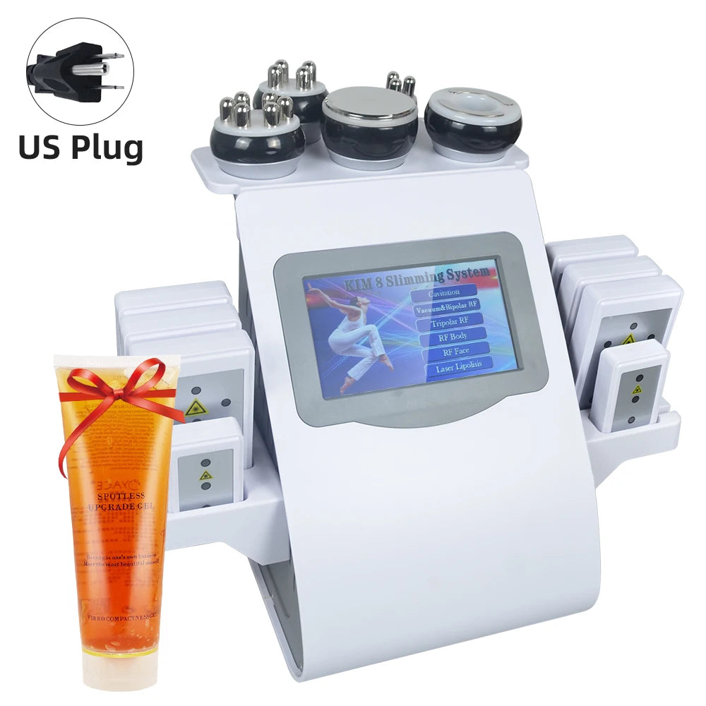 A white electronic device for slimming and massage, featuring multiple massage tools and a US plug.