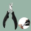 A pair of black and silver professional stainless steel nail clippers set shown against a muted green background.