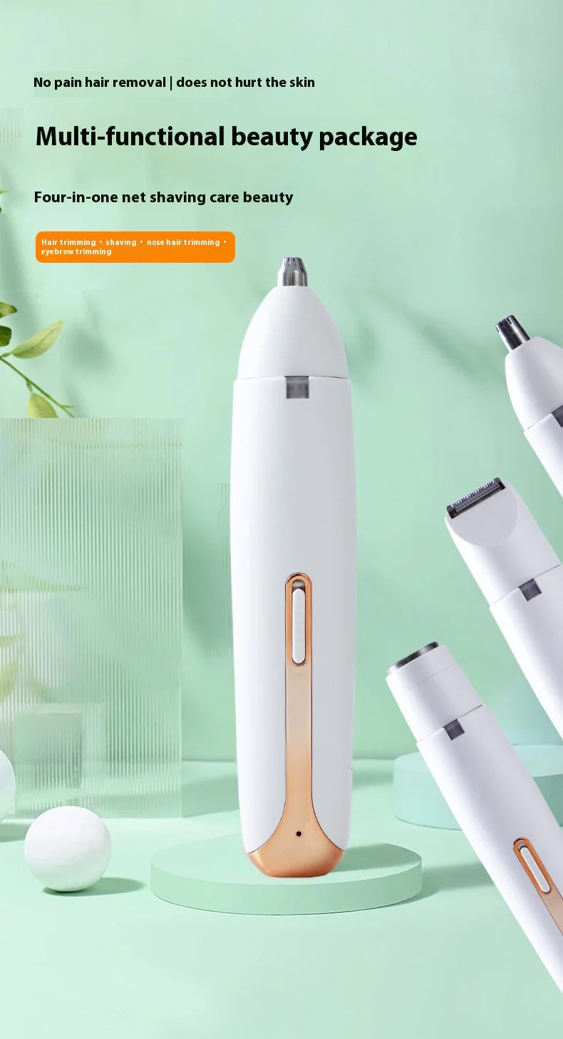A white multi-functional beauty package featuring a sleek electric shaver and trimmer with an orange accent.