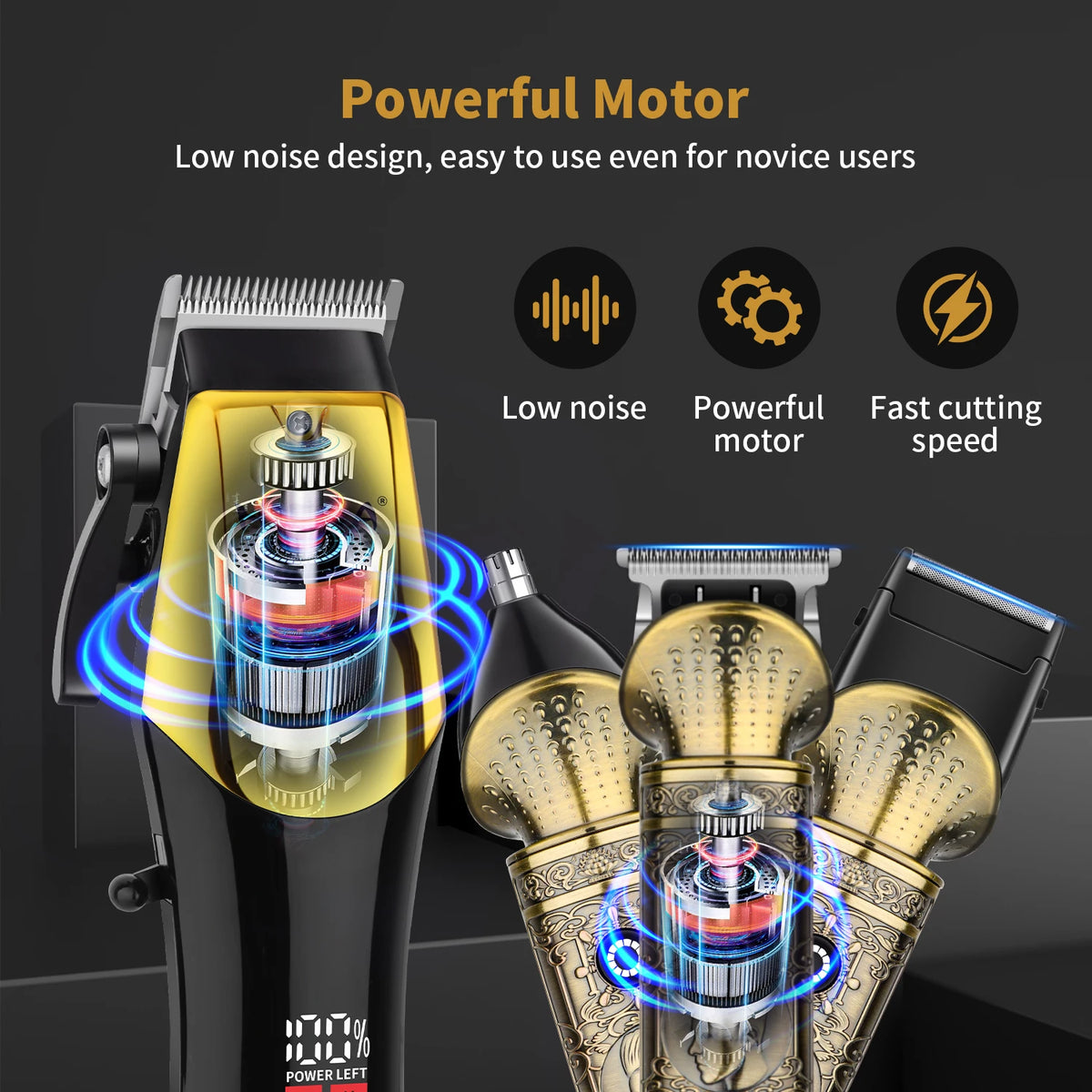 Close-up view of a professional rotary hair trimmer with a yellow and gold finish highlighting its motor and cutting mechanis