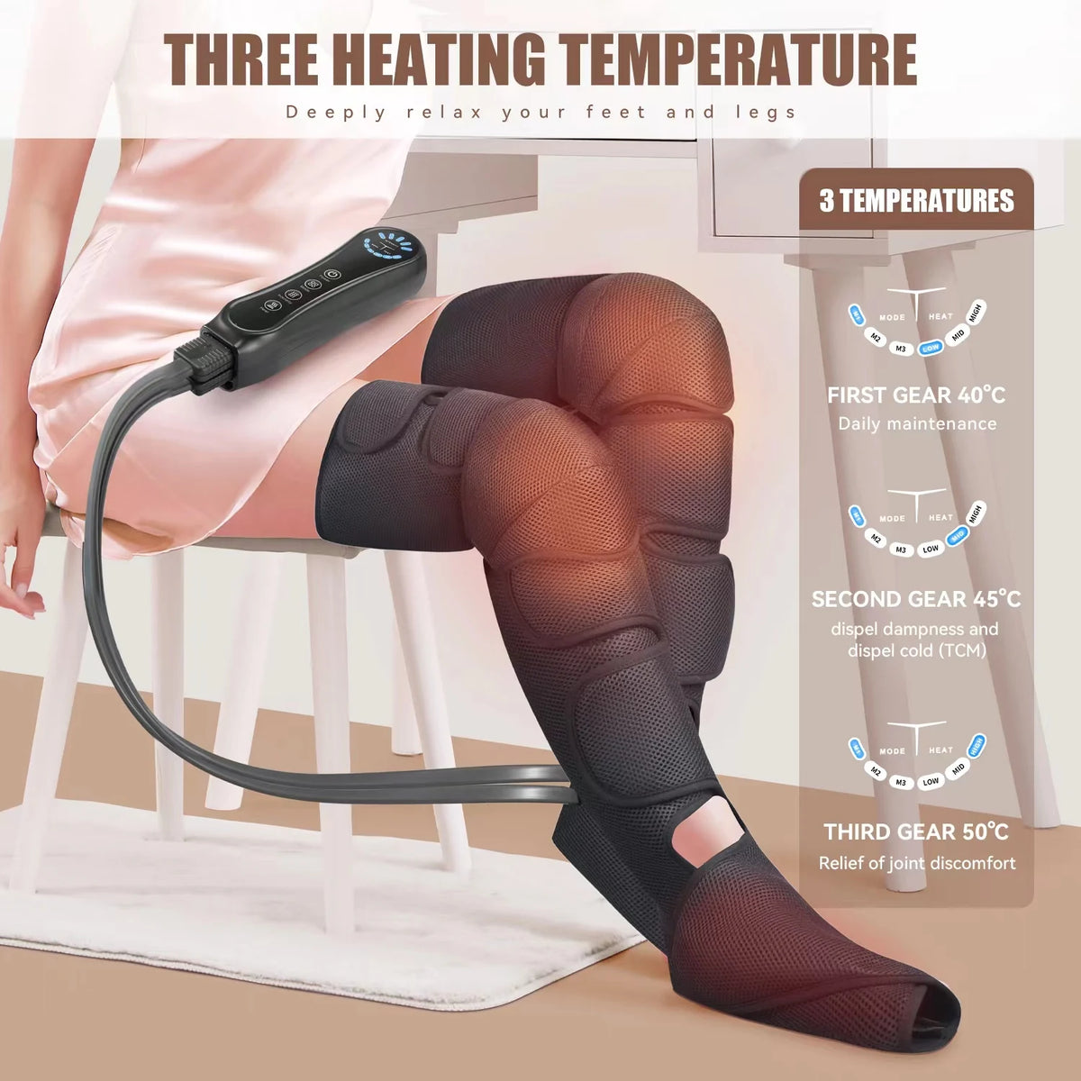 A person is using a three-heating temperature air compression leg massager on their foot and leg.