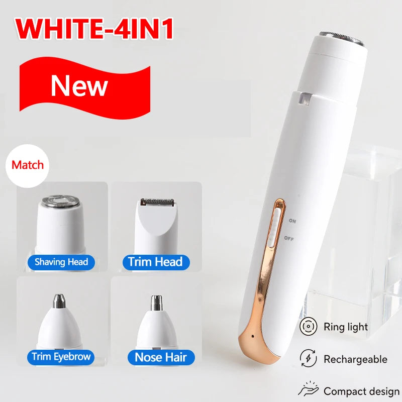White 4-in-1 electric shaver and trimmer featuring shaving, trim, eyebrow, and nose hair attachments.
