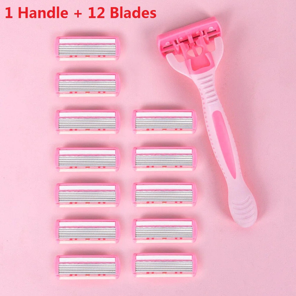 A pink handle with twelve interchangeable blades for hair removal.