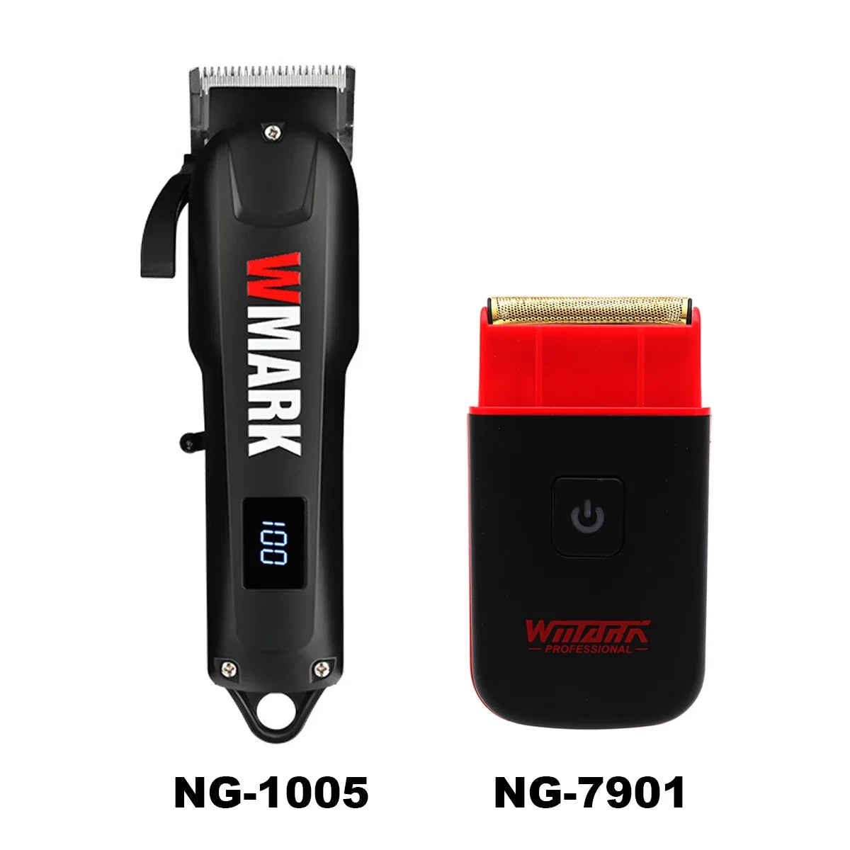 Black and red professional cordless electric hair clipper set featuring models NG-1005 and NG-7901