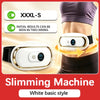 A white slimming machine belt is shown being worn on a person's lower abdomen.