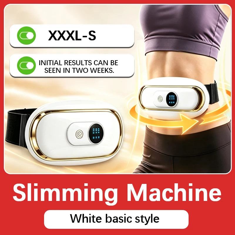 A white slimming machine belt is shown being worn on a person's lower abdomen.