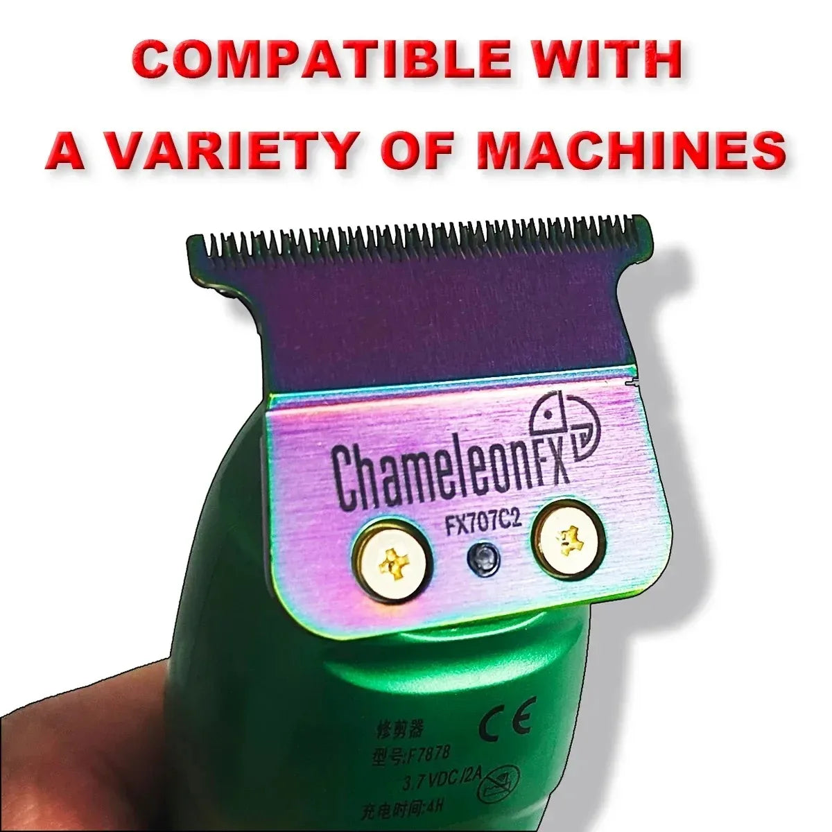 A close-up of a green grooming tool with a purple blade and silver accents, labeled ChameleonFX FX707C2.